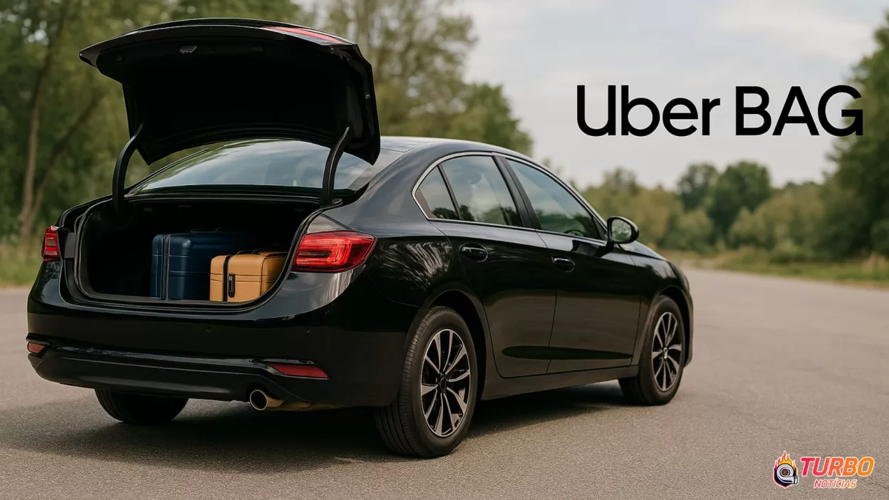 Sedan preto com o porta-malas aberto, exibindo malas, representando o serviço Uber BAG em estilo moderno.