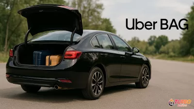 Sedan preto com o porta-malas aberto, exibindo malas, representando o serviço Uber BAG em estilo moderno.