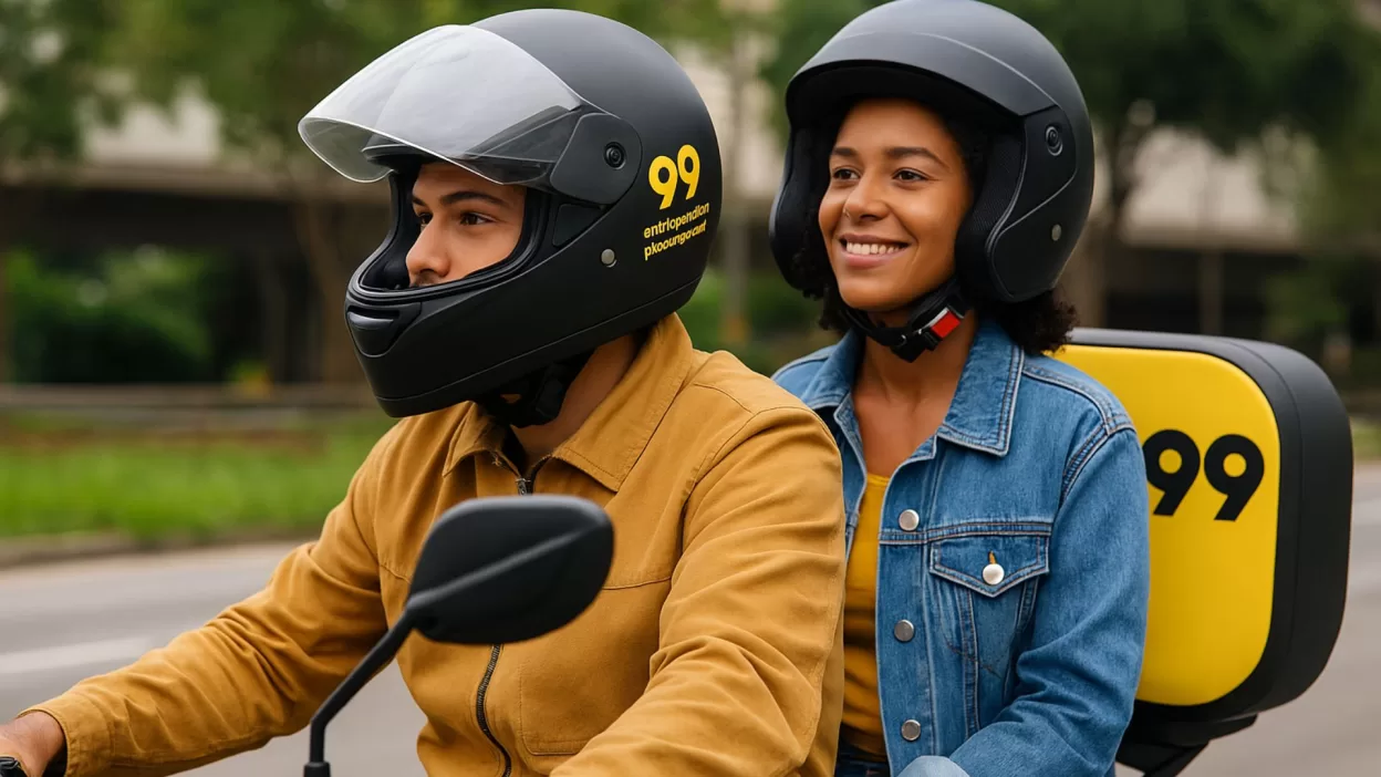 Duas pessoas andando de moto com uniforme da 99 em uma rua urbana, durante o dia.
