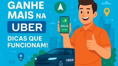 Ilustração digital em estilo flat mostrando um motorista de aplicativo feliz dirigindo, com ícones de dinheiro, GPS e avaliação positiva ao redor, representando dicas para ganhar mais na Uber.