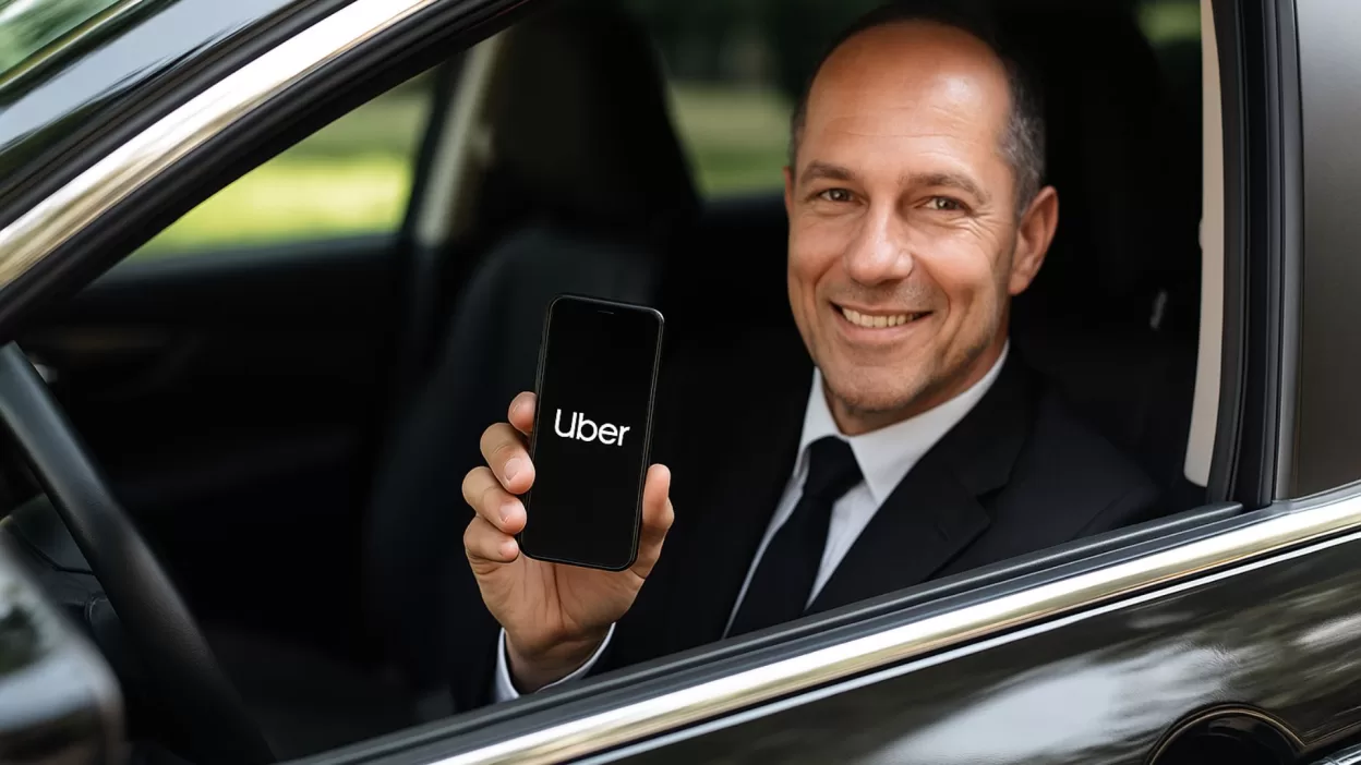 Motorista de Uber Black segurando celular com logo da Uber, ilustrando a experiência do serviço de transporte premium em carros de luxo.