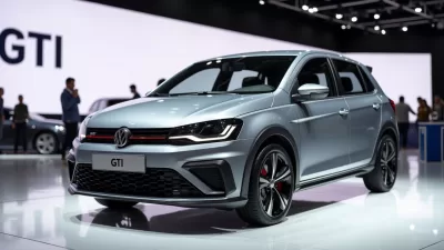 Conceito visual do Novo Volkswagen Gol GTI 2025, um hatchback esportivo prateado com design moderno em exibição.