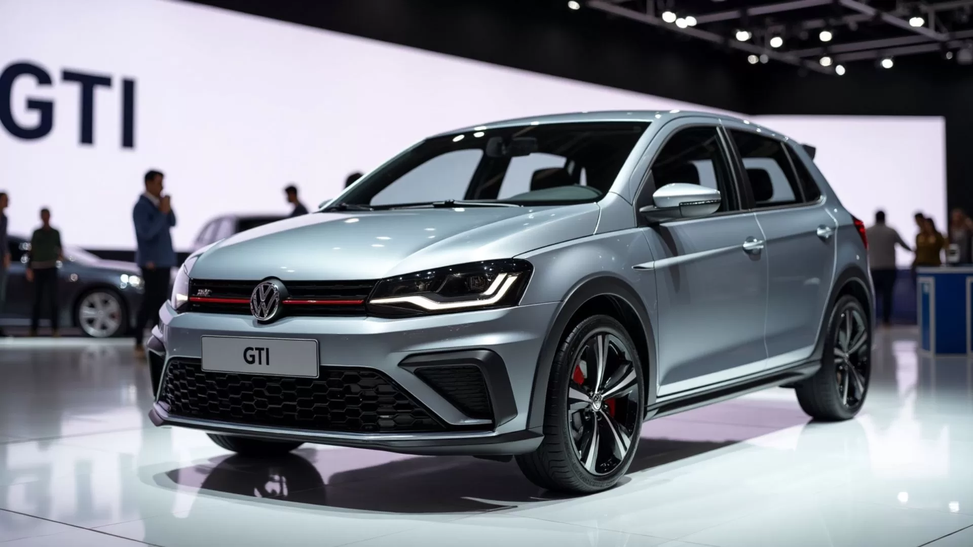 Conceito visual do Novo Volkswagen Gol GTI 2025, um hatchback esportivo prateado com design moderno em exibição.