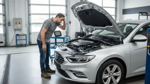 Homem com mão na cabeça olhando para o motor
